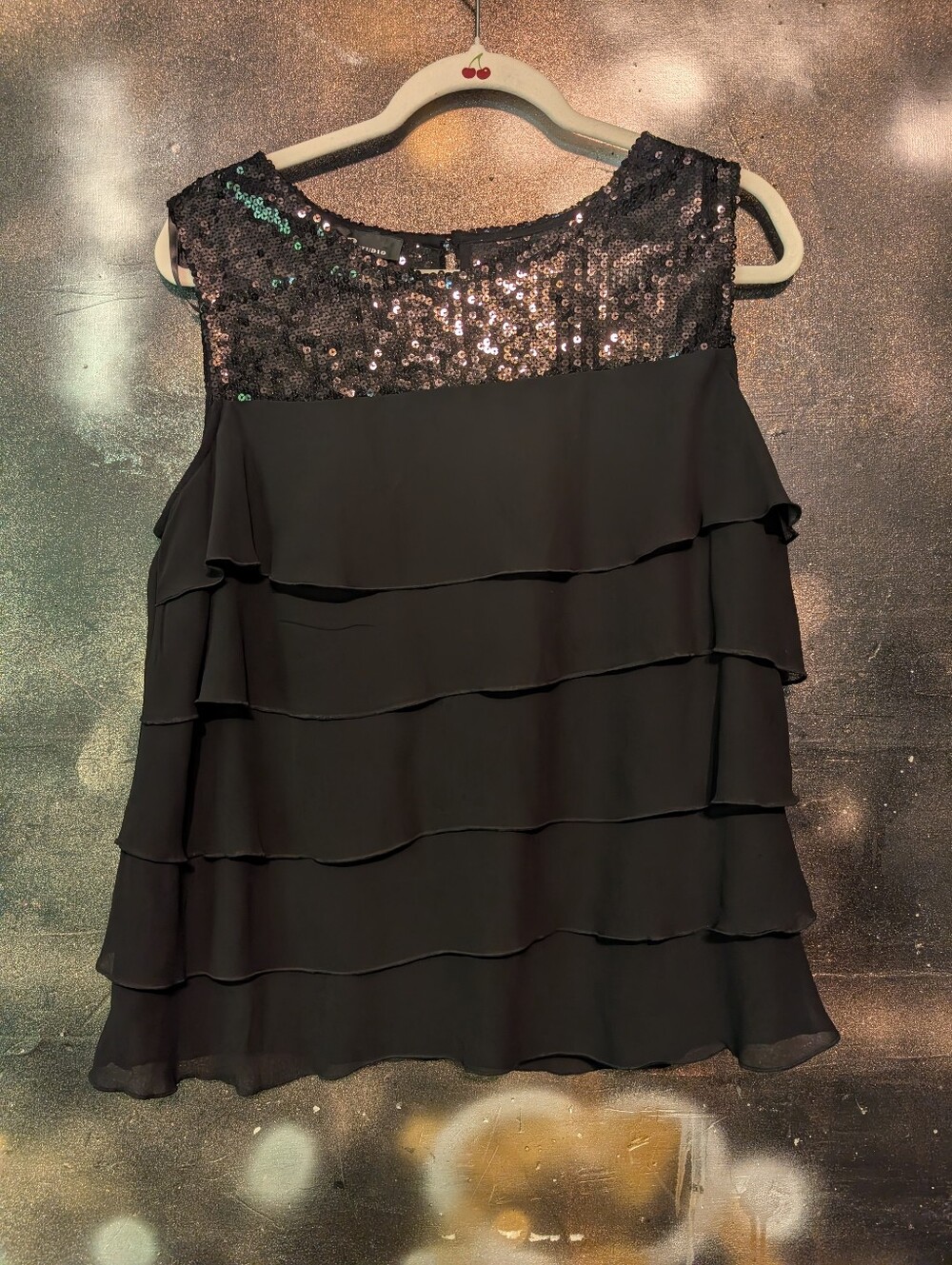 AB Studio Black Sequin Tiered Chiffon Camisole